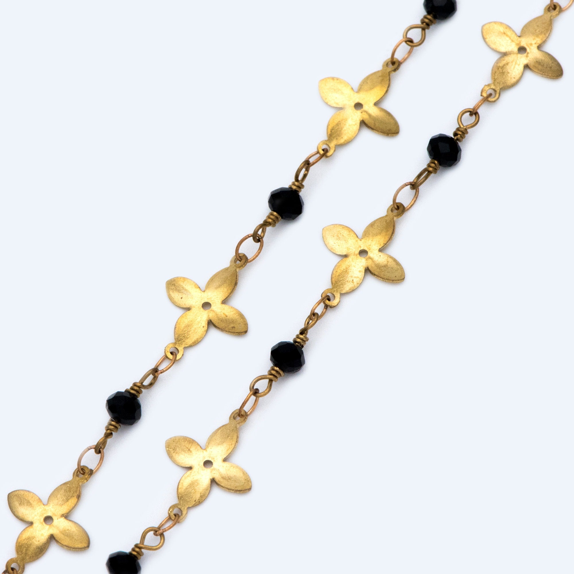 Raw Brass Flower Chain, Crystal Glass Beaded Chain (#LK-041)/ 1 Meter=3.3ft